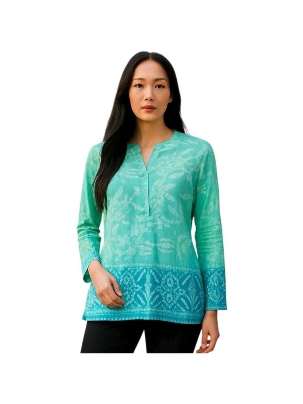 Jones New York Popover Split Neck Sparkly Buttons Long Sleeve Blouse Size Small